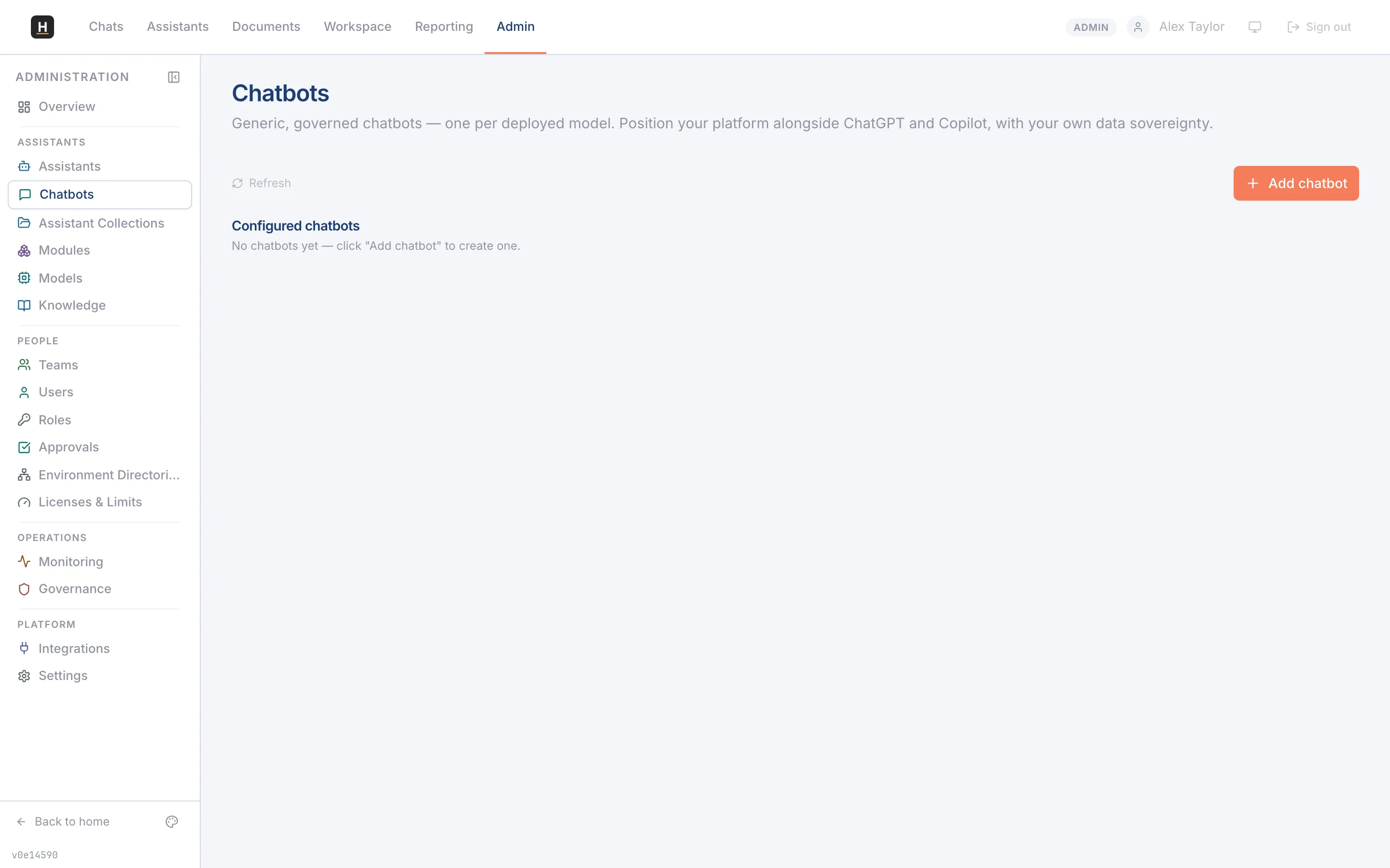 The Chatbots admin page with configured chatbots and health status.