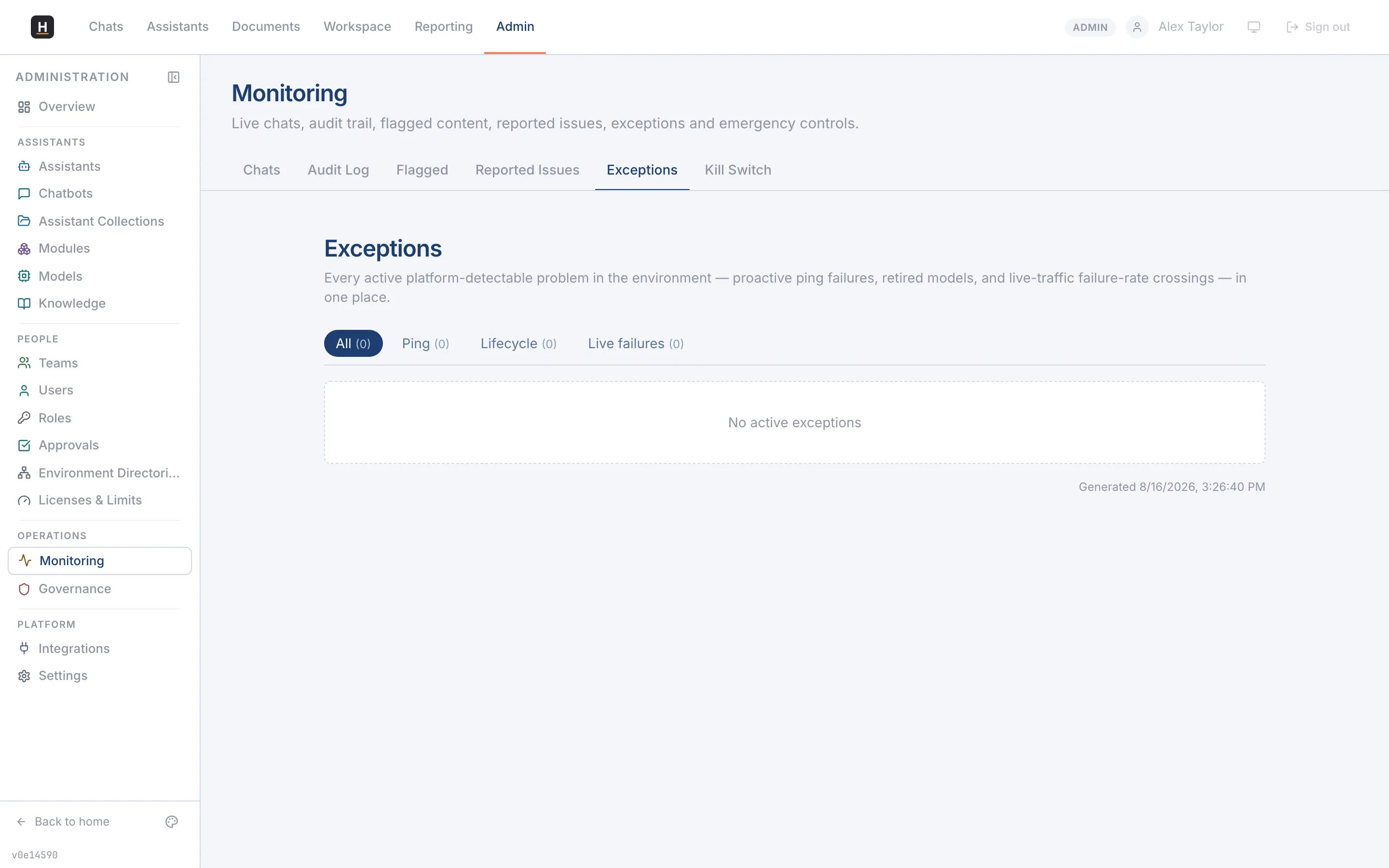 The Exceptions monitor listing ping failures, retired models, and live failures.