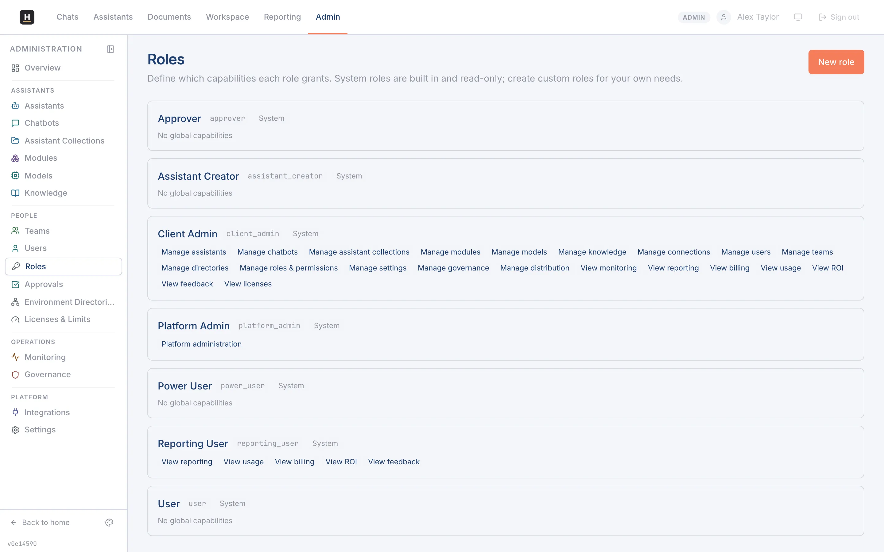 The Roles page listing system roles with their capabilities and a New role button.