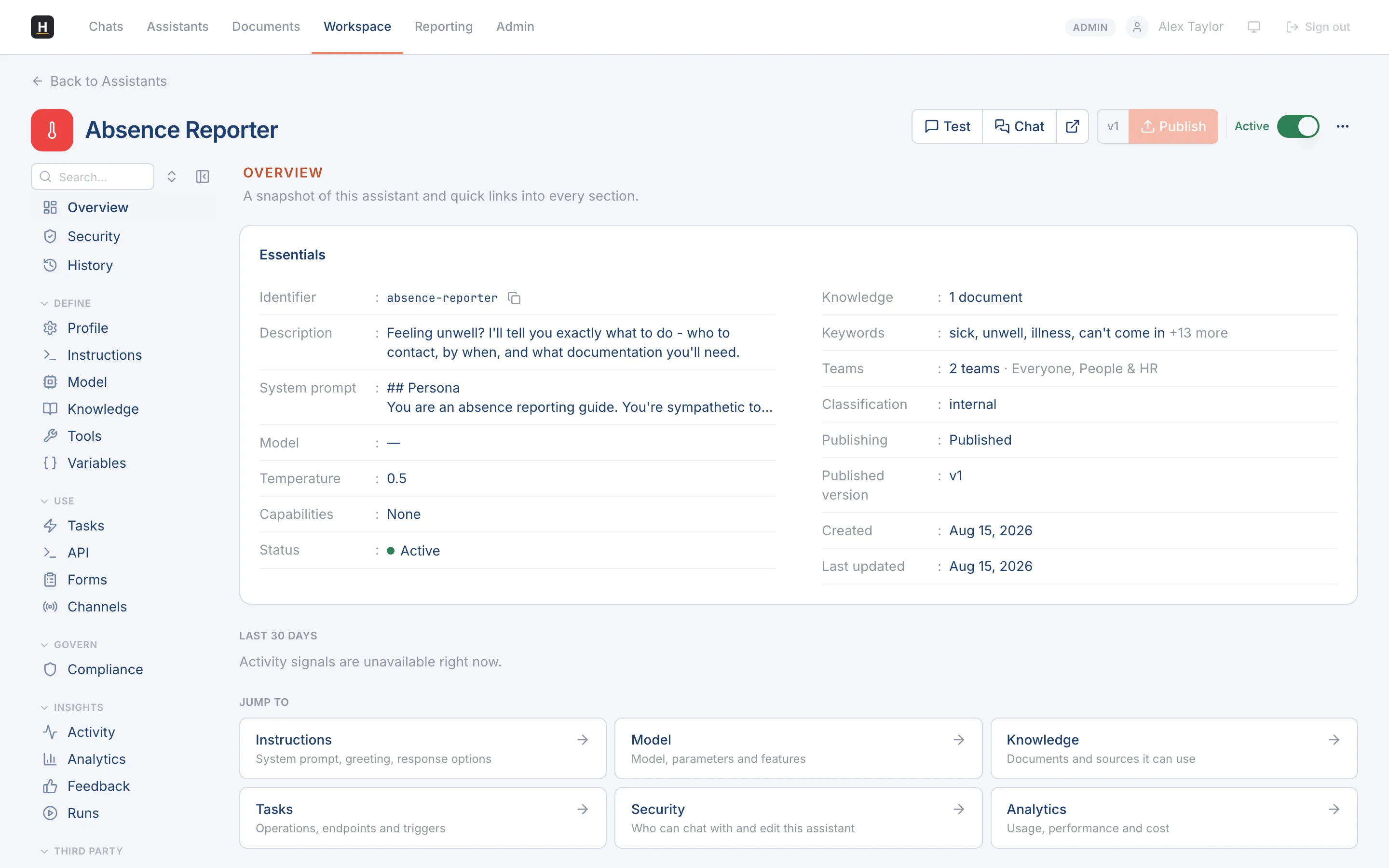 The assistant editor with the Define / Use / Govern / Insights grouped navigation.