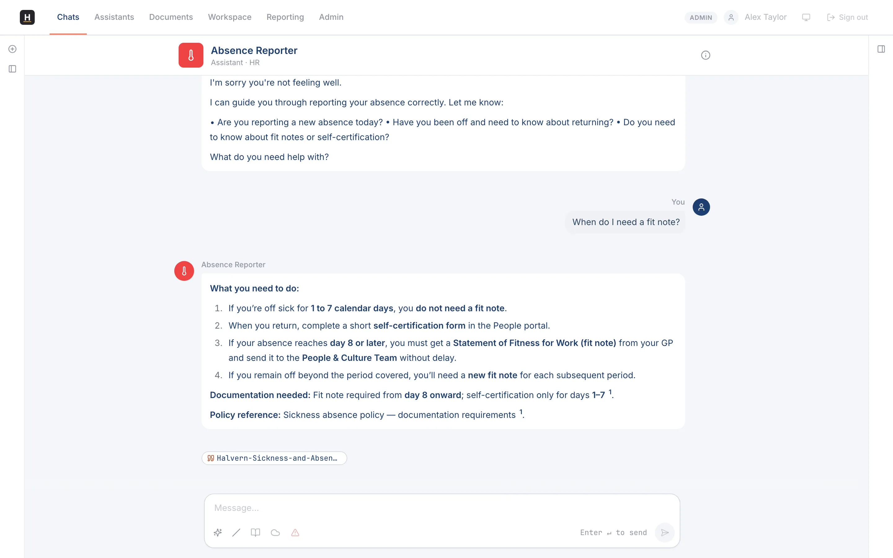 A conversation with an assistant, showing a streamed reply and the message box.