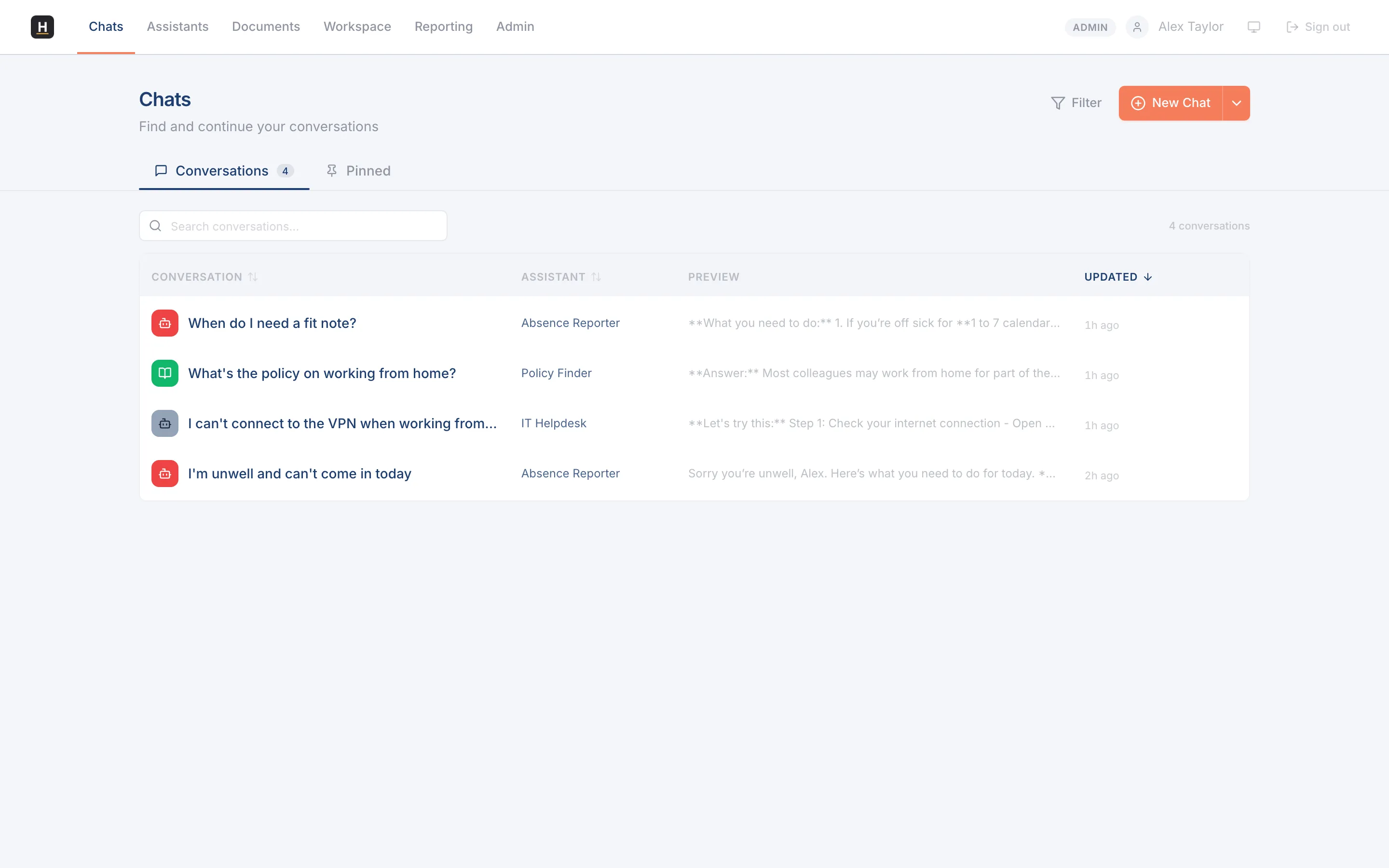 The Chats inbox listing past conversations with search.