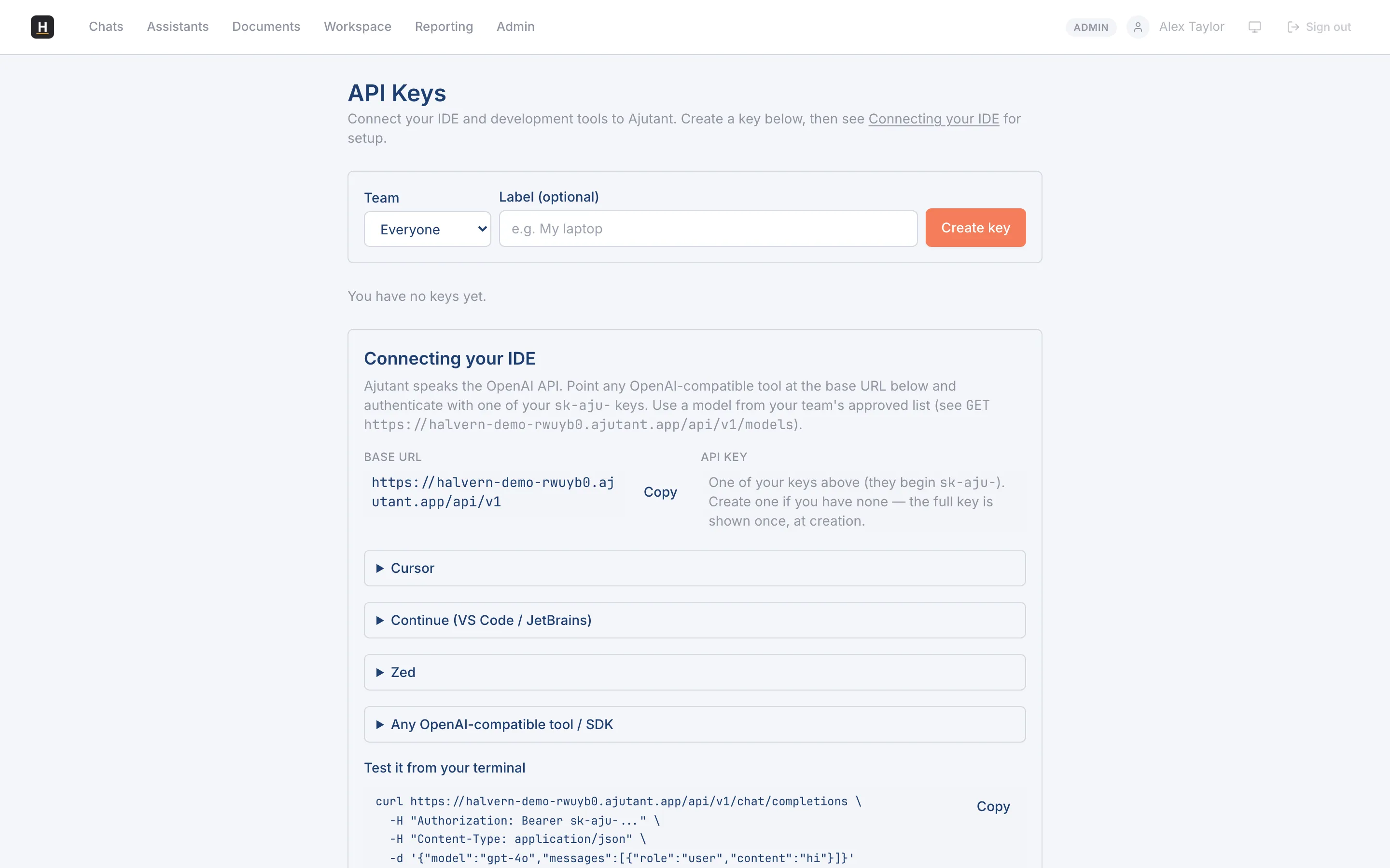 The developer API keys page for generating and revoking personal keys.