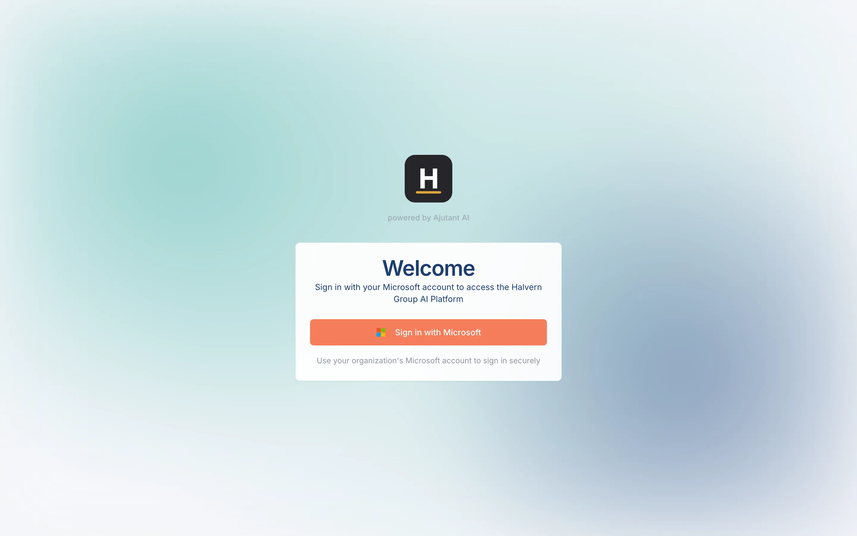 The Ajutant sign-in screen with a "Sign in with Microsoft" button.