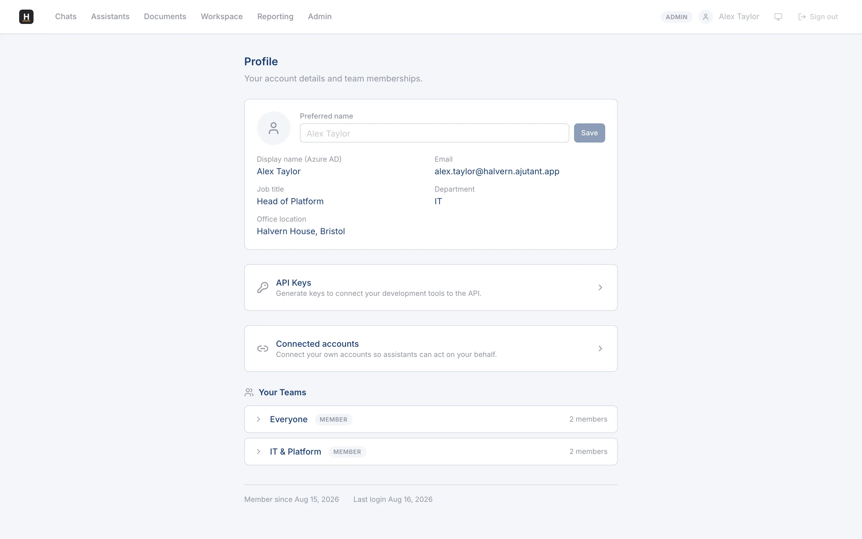 The user profile page showing preferred name, teams, API keys, and connected accounts.