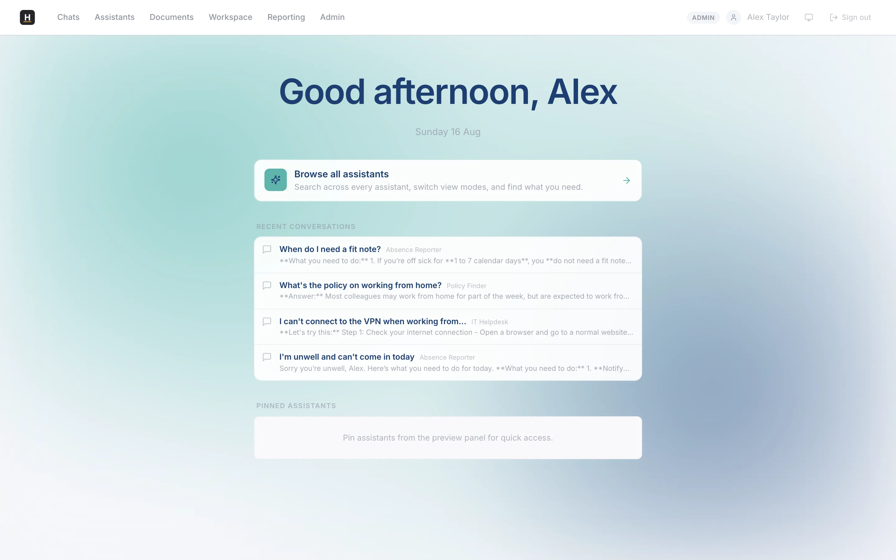 The home page where you describe your task and the Receptionist suggests assistants.